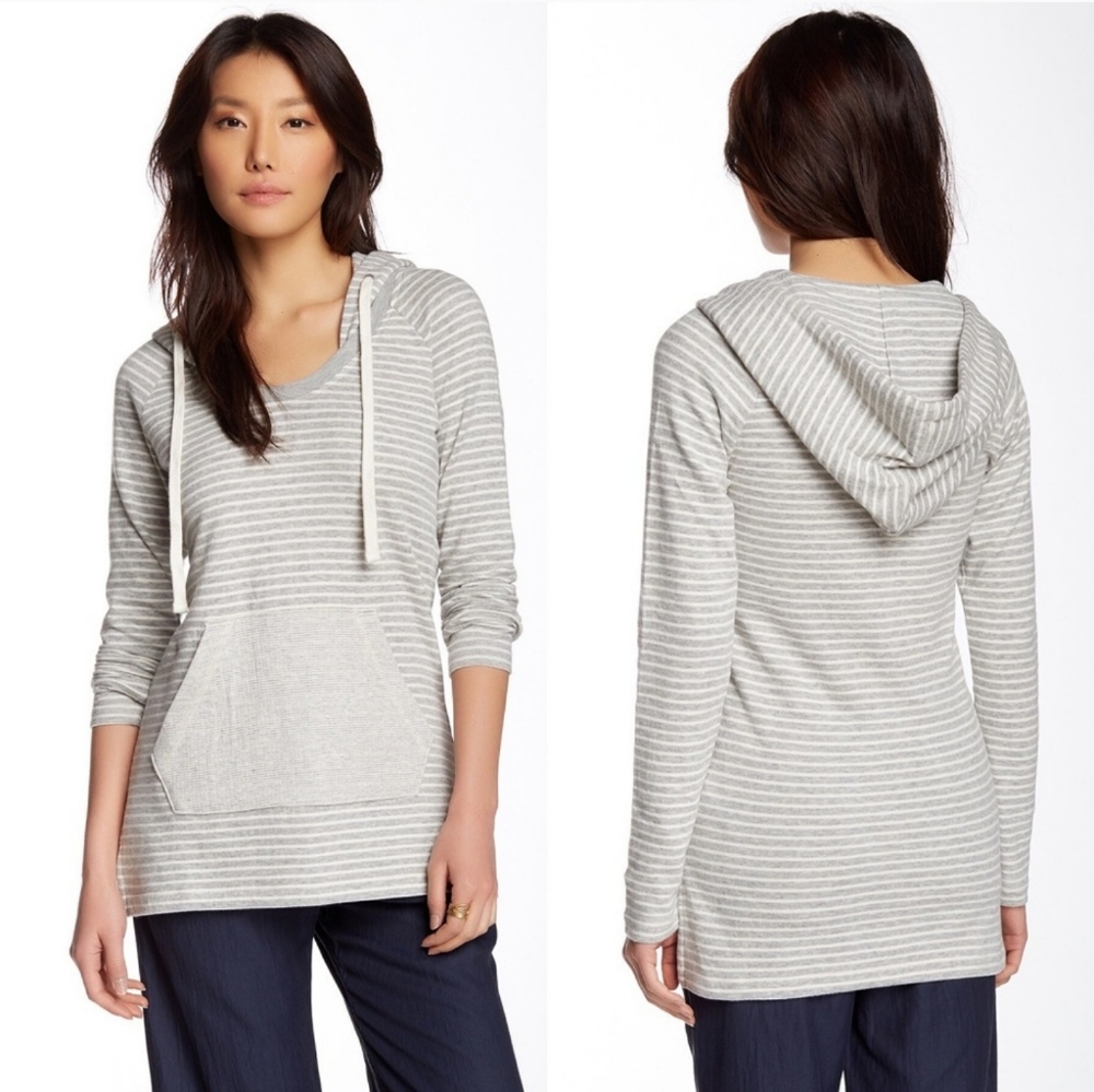James Perse Gray Striped Pocket Hoodie Sweatshirt Medium